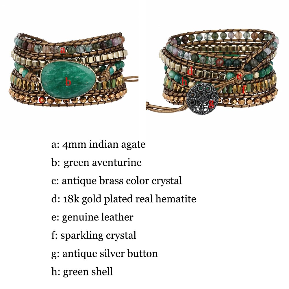 Genuine Leather Natural Stone Gemstone Crystal Bead Bracelet Vinage Style Green Stone Handwoven 5 Wrap Bracelet Jewelry